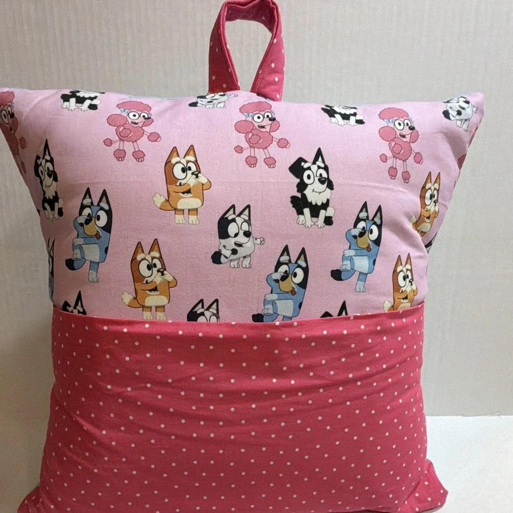Bluey Kids reading Pillow w/Pocket and Handle Pink Polka Dot 18 in x 18 in